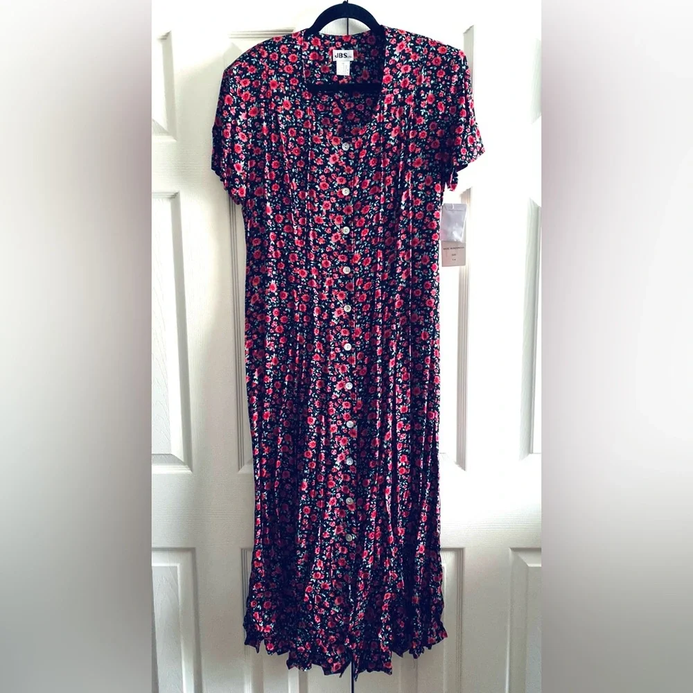 JBS BUTTON FRONT SHORT SLEEVE FLORAL MIDI DRESS Red Black 14